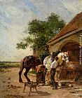 Charles Emile Jacque Attending to the horses painting